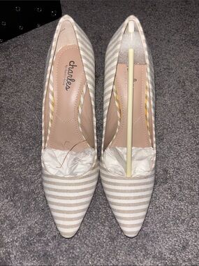 Charlies Striped Pointed-Toe Flats in Beige and White